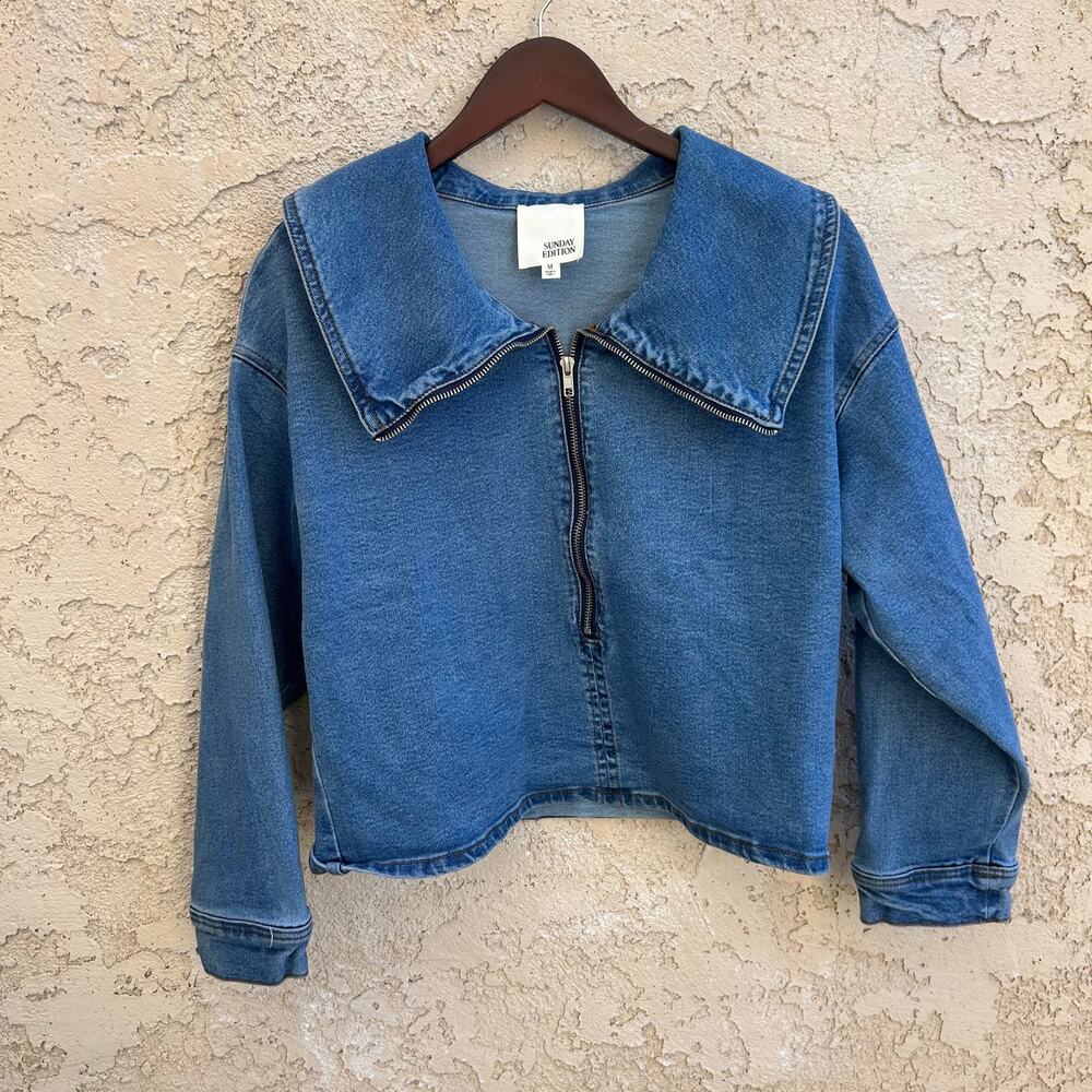 Sunday Edition Denim Zip Top Peter Pan Collar Size Medium